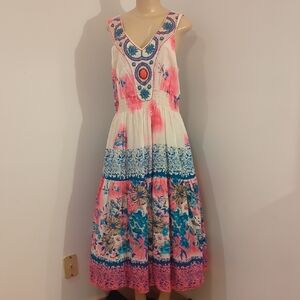 Pink and Blue Sleeveless Maxi Sundress for Resort Wear